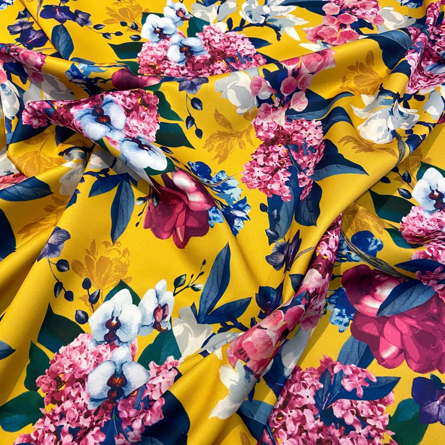 FS352 Delphinium Floral | Fabric | Babywear, Blossom, Daisy, Double Jersey, Dress making, Fabric, fashion fabric, Floral, jersey, Jersey Knit, Pink, Purple, Rompers, Scuba, Skirt, Stretch, Stretchy, Trousers, White | Fabric Styles