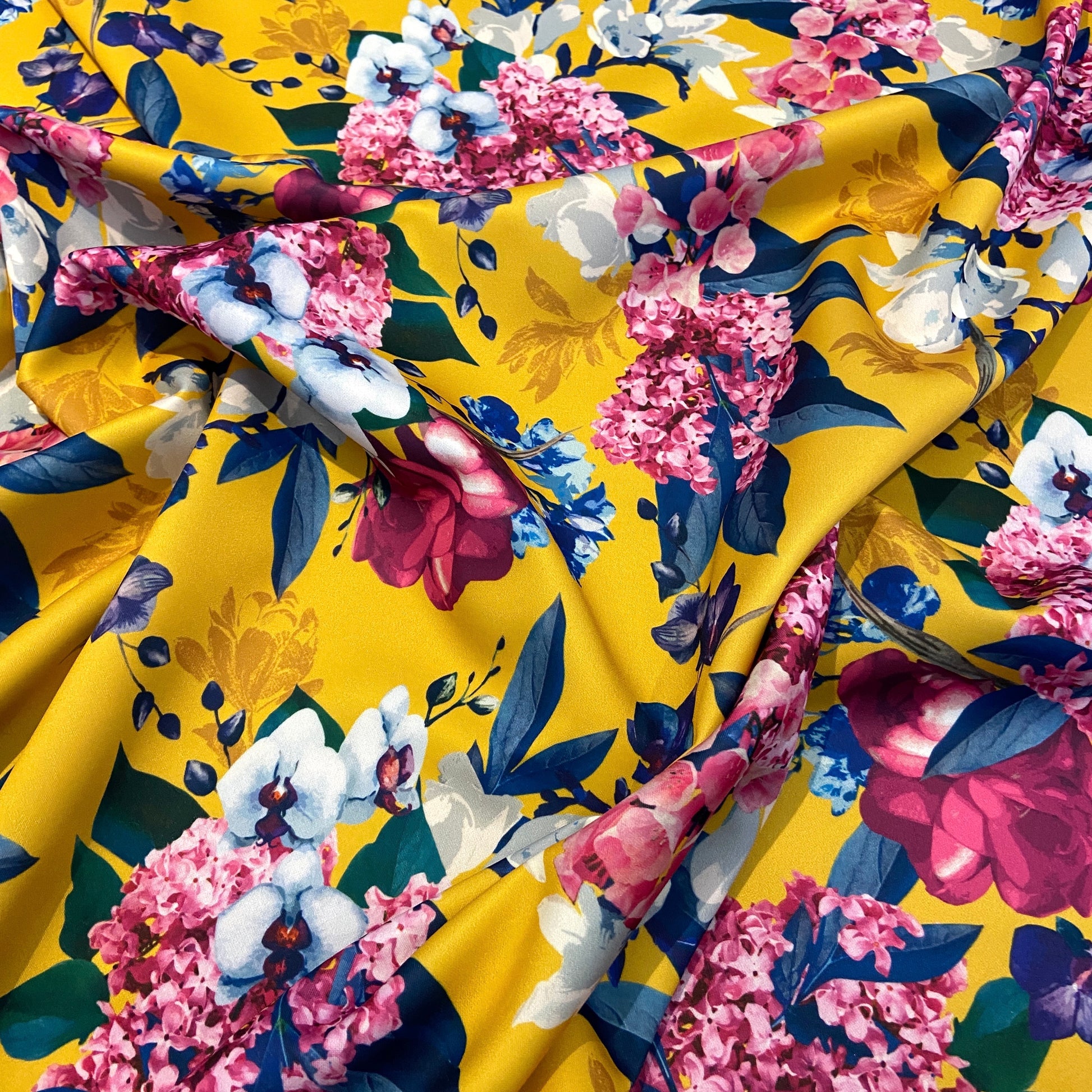 FS352 Delphinium Floral | Fabric | Babywear, Blossom, Daisy, Double Jersey, Dress making, Fabric, fashion fabric, Floral, jersey, Jersey Knit, Pink, Purple, Rompers, Scuba, Skirt, Stretch, Stretchy, Trousers, White | Fabric Styles