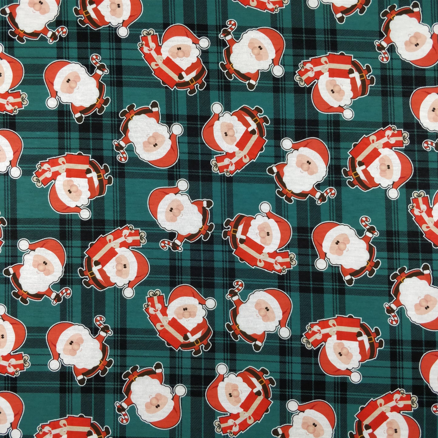 FS079_2 Christmas Tartan Santa Spun Polyester Jersey Knit Stretch Fabric Green | Fabric | Christmas, fabric, Green, jersey, polyester, presents, santa, Santa Clause, snowflakes, Soft, spun polyester, Spun Polyester Elastane, Tartan, Teal, xmas | Fabric Styles