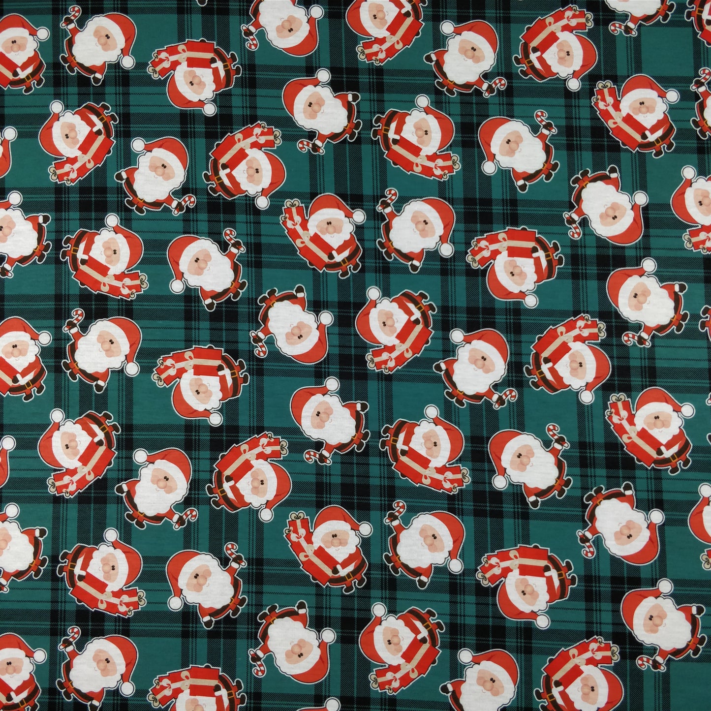 FS079_2 Christmas Tartan Santa Spun Polyester Jersey Knit Stretch Fabric Green | Fabric | Christmas, fabric, Green, jersey, polyester, presents, santa, Santa Clause, snowflakes, Soft, spun polyester, Spun Polyester Elastane, Tartan, Teal, xmas | Fabric Styles