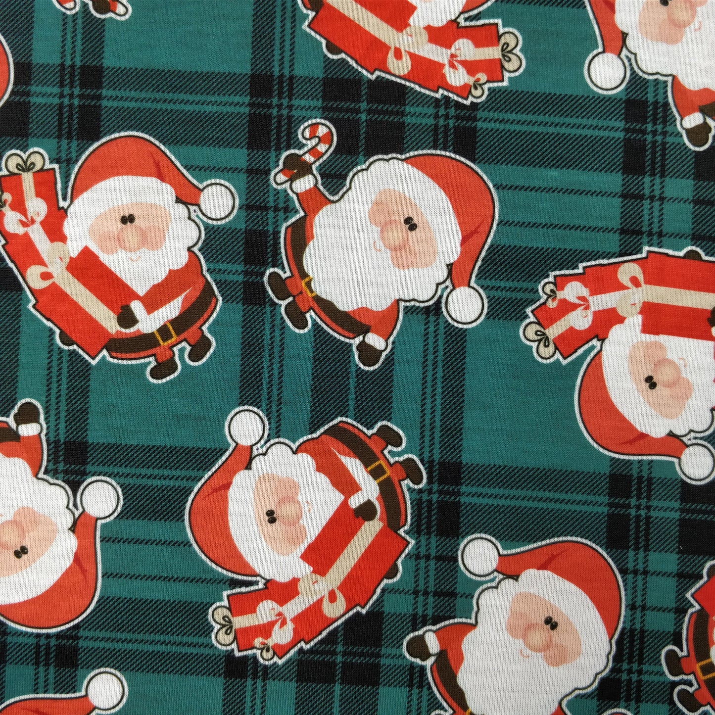 FS079_2 Christmas Tartan Santa Spun Polyester Jersey Knit Stretch Fabric Green | Fabric | Christmas, fabric, Green, jersey, polyester, presents, santa, Santa Clause, snowflakes, Soft, spun polyester, Spun Polyester Elastane, Tartan, Teal, xmas | Fabric Styles