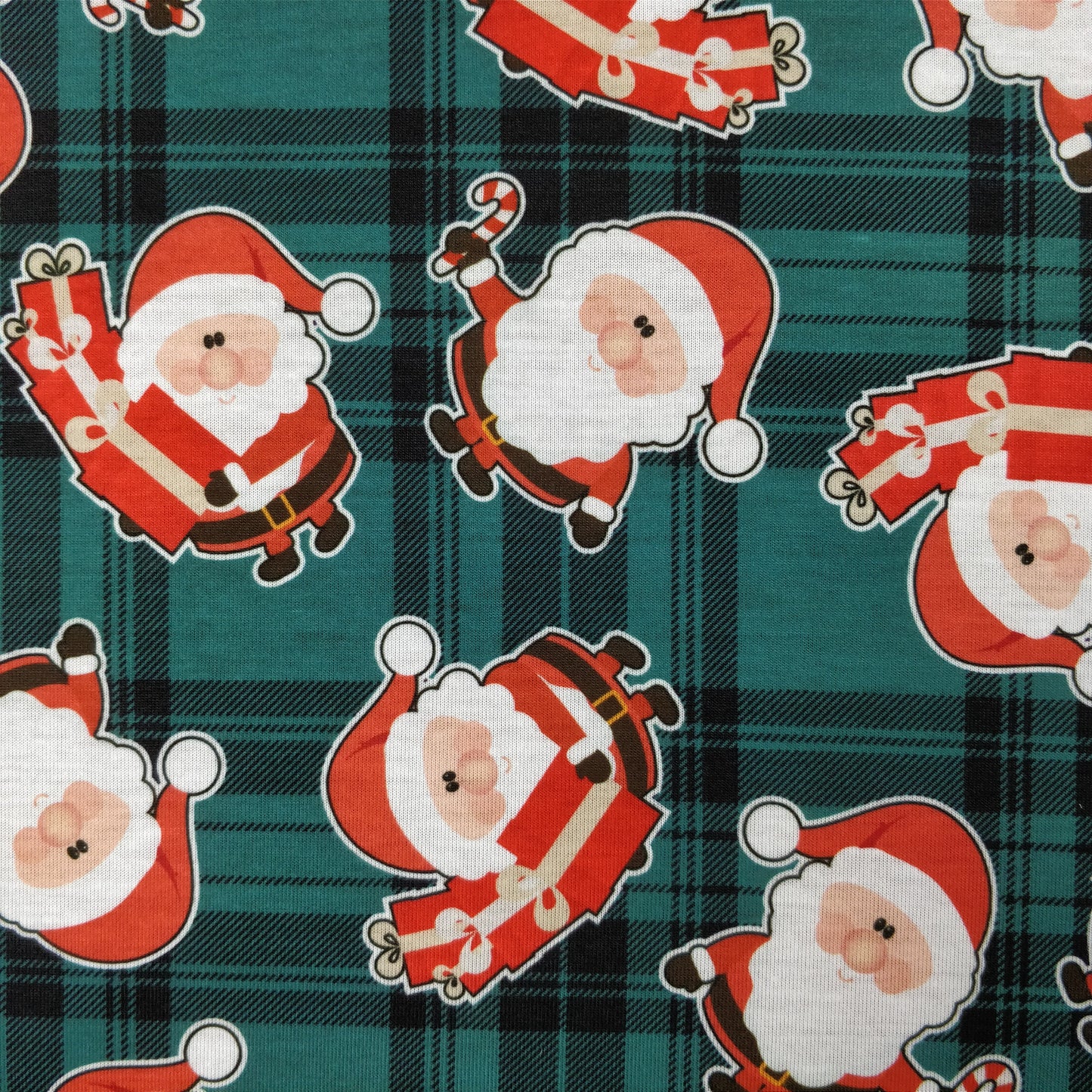 FS079_2 Christmas Tartan Santa Spun Polyester Jersey Knit Stretch Fabric Green | Fabric | Christmas, fabric, Green, jersey, polyester, presents, santa, Santa Clause, snowflakes, Soft, spun polyester, Spun Polyester Elastane, Tartan, Teal, xmas | Fabric Styles