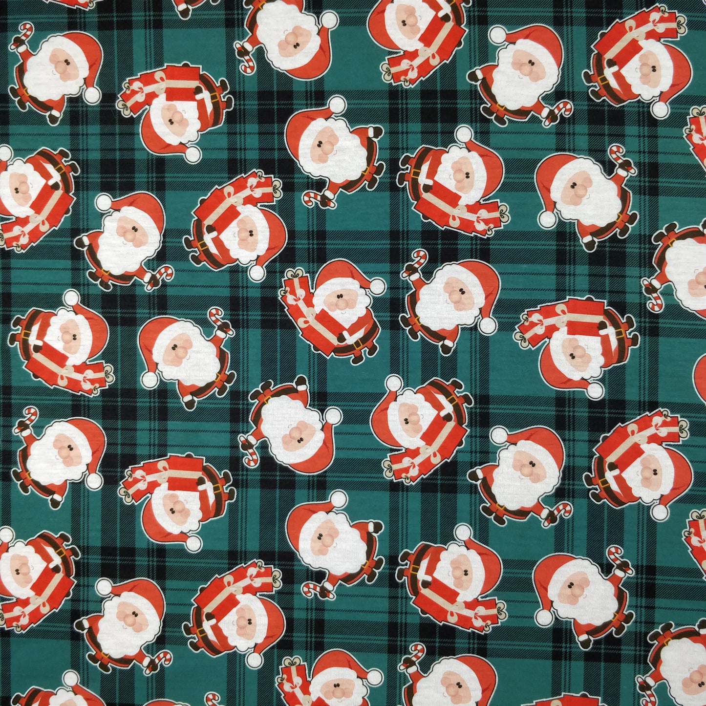 FS079_2 Christmas Tartan Santa Spun Polyester Jersey Knit Stretch Fabric Green | Fabric | Christmas, fabric, Green, jersey, polyester, presents, santa, Santa Clause, snowflakes, Soft, spun polyester, Spun Polyester Elastane, Tartan, Teal, xmas | Fabric Styles
