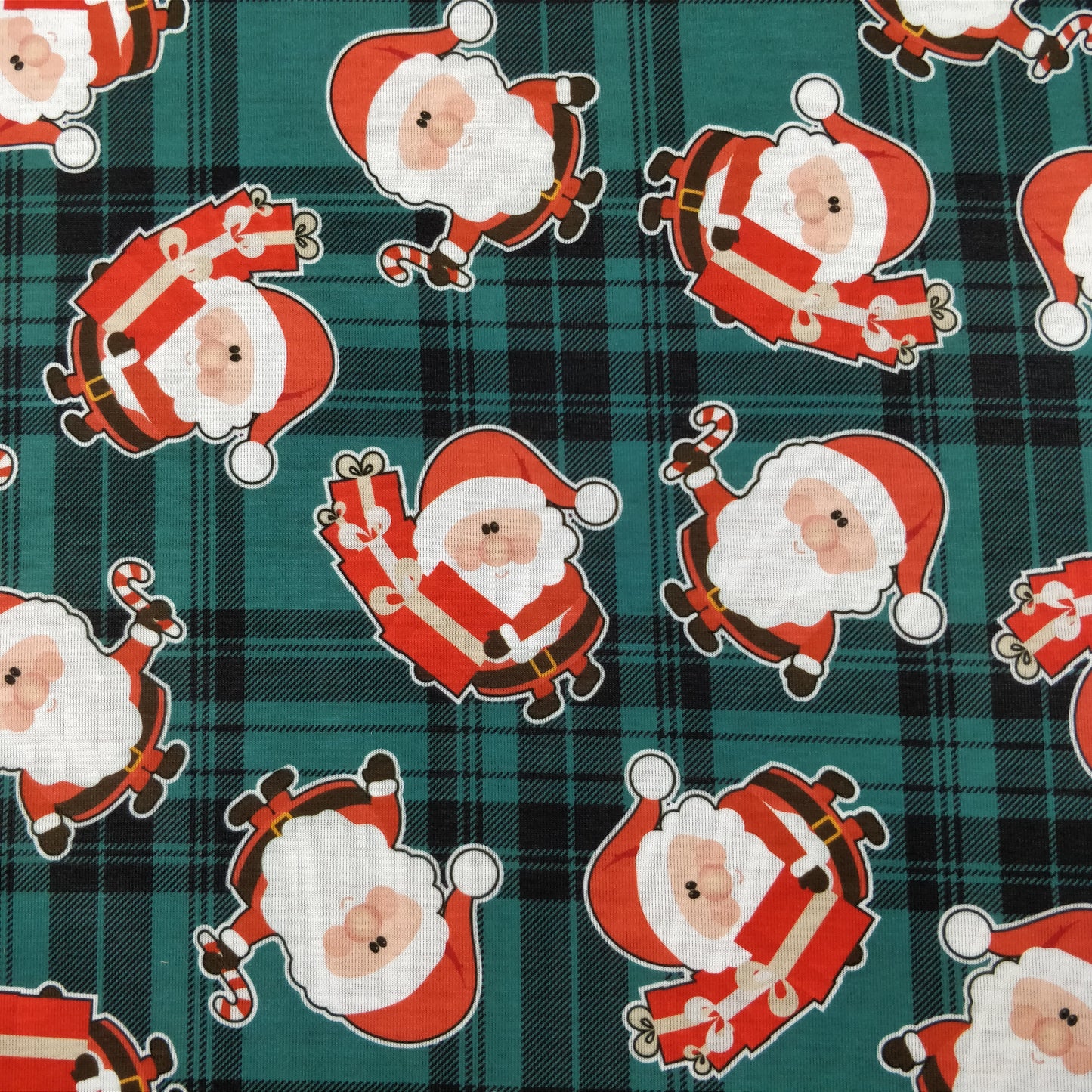 FS079_2 Christmas Tartan Santa Spun Polyester Jersey Knit Stretch Fabric Green | Fabric | Christmas, fabric, Green, jersey, polyester, presents, santa, Santa Clause, snowflakes, Soft, spun polyester, Spun Polyester Elastane, Tartan, Teal, xmas | Fabric Styles