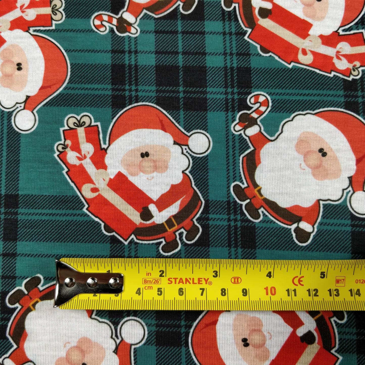 FS079_2 Christmas Tartan Santa Spun Polyester Jersey Knit Stretch Fabric Green | Fabric | Christmas, fabric, Green, jersey, polyester, presents, santa, Santa Clause, snowflakes, Soft, spun polyester, Spun Polyester Elastane, Tartan, Teal, xmas | Fabric Styles