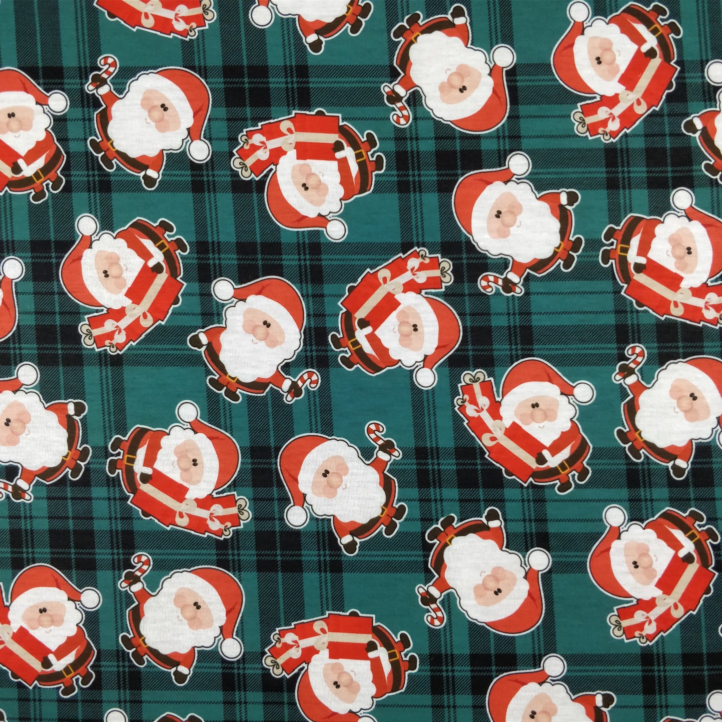 FS079_2 Christmas Tartan Santa Spun Polyester Jersey Knit Stretch Fabric Green | Fabric | Christmas, fabric, Green, jersey, polyester, presents, santa, Santa Clause, snowflakes, Soft, spun polyester, Spun Polyester Elastane, Tartan, Teal, xmas | Fabric Styles