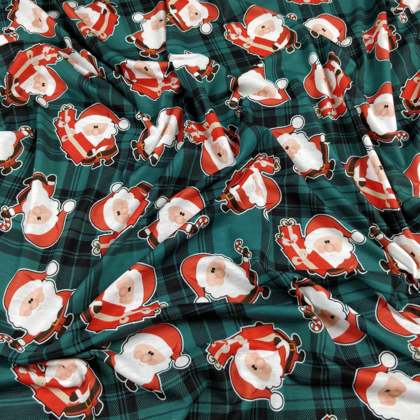FS079_2 Christmas Tartan Santa Spun Polyester Jersey Knit Stretch Fabric Green | Fabric | Christmas, fabric, Green, jersey, polyester, presents, santa, Santa Clause, snowflakes, Soft, spun polyester, Spun Polyester Elastane, Tartan, Teal, xmas | Fabric Styles