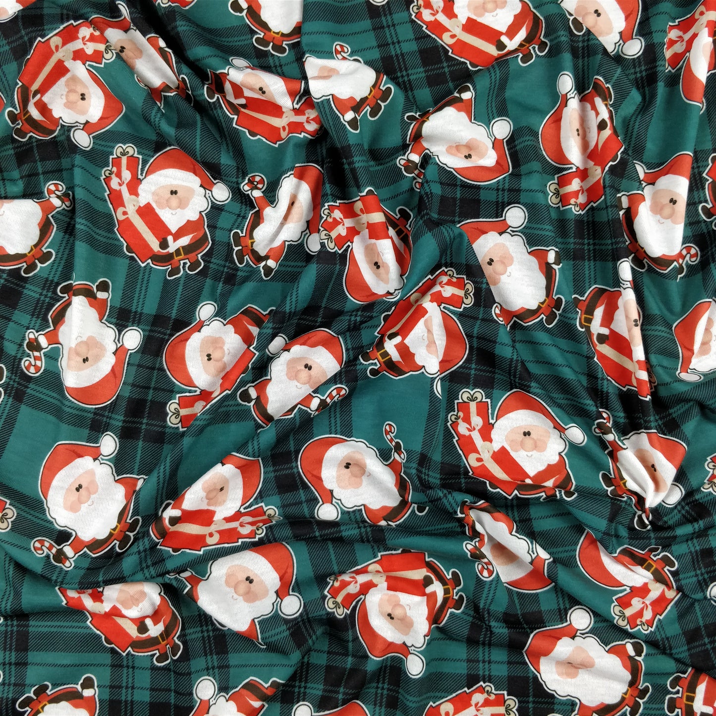 FS079_2 Christmas Tartan Santa Spun Polyester Jersey Knit Stretch Fabric Green | Fabric | Christmas, fabric, Green, jersey, polyester, presents, santa, Santa Clause, snowflakes, Soft, spun polyester, Spun Polyester Elastane, Tartan, Teal, xmas | Fabric Styles