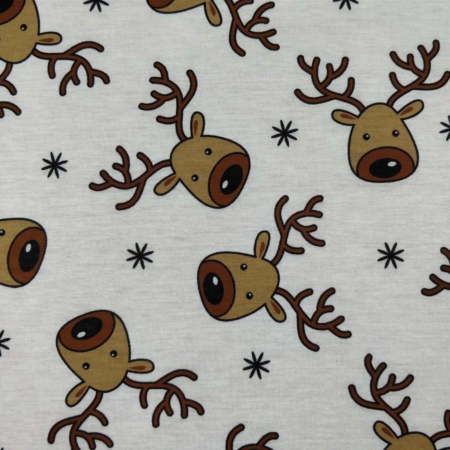 FS073_1 Christmas Rudolf Reindeer Spun Polyester Jersey Knit Stretch Fabric White | Fabric | Brown, Christmas, fabric, Ivory, jersey, Knit, polyester, Reindeer, Rudolf, Snow, Snowflake, snowflakes, Spun Polyester, Spun Polyester Elastane, White, xmas | Fabric Styles