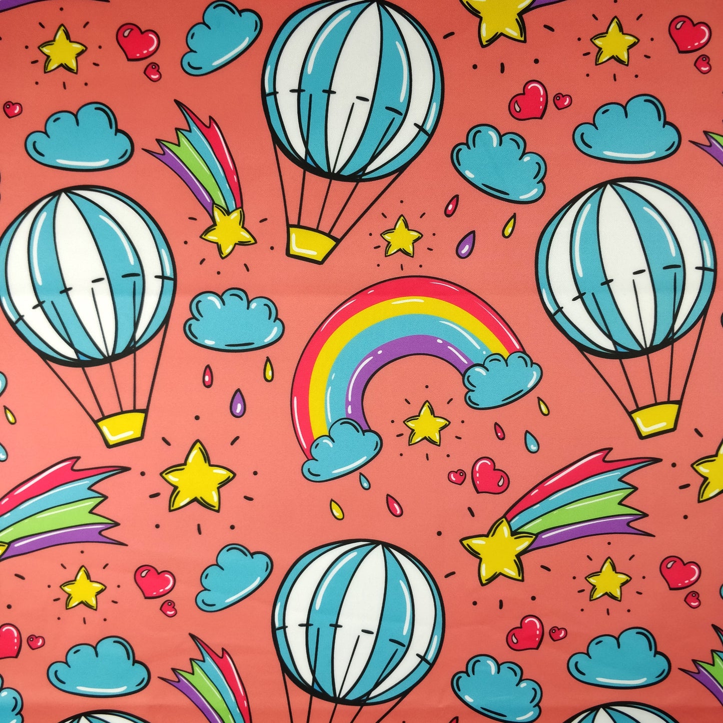 FS255 Funfair Shooting Stars | Fabric | Air Balloon, Cloud, Clouds, Exclusive, Fabric, fashion fabric, High Fashion, Hot Air Balloon, Kid, Kids, Rain, Rainbow, Red, Scuba, Shooting Star, Star, Stars | Fabric Styles