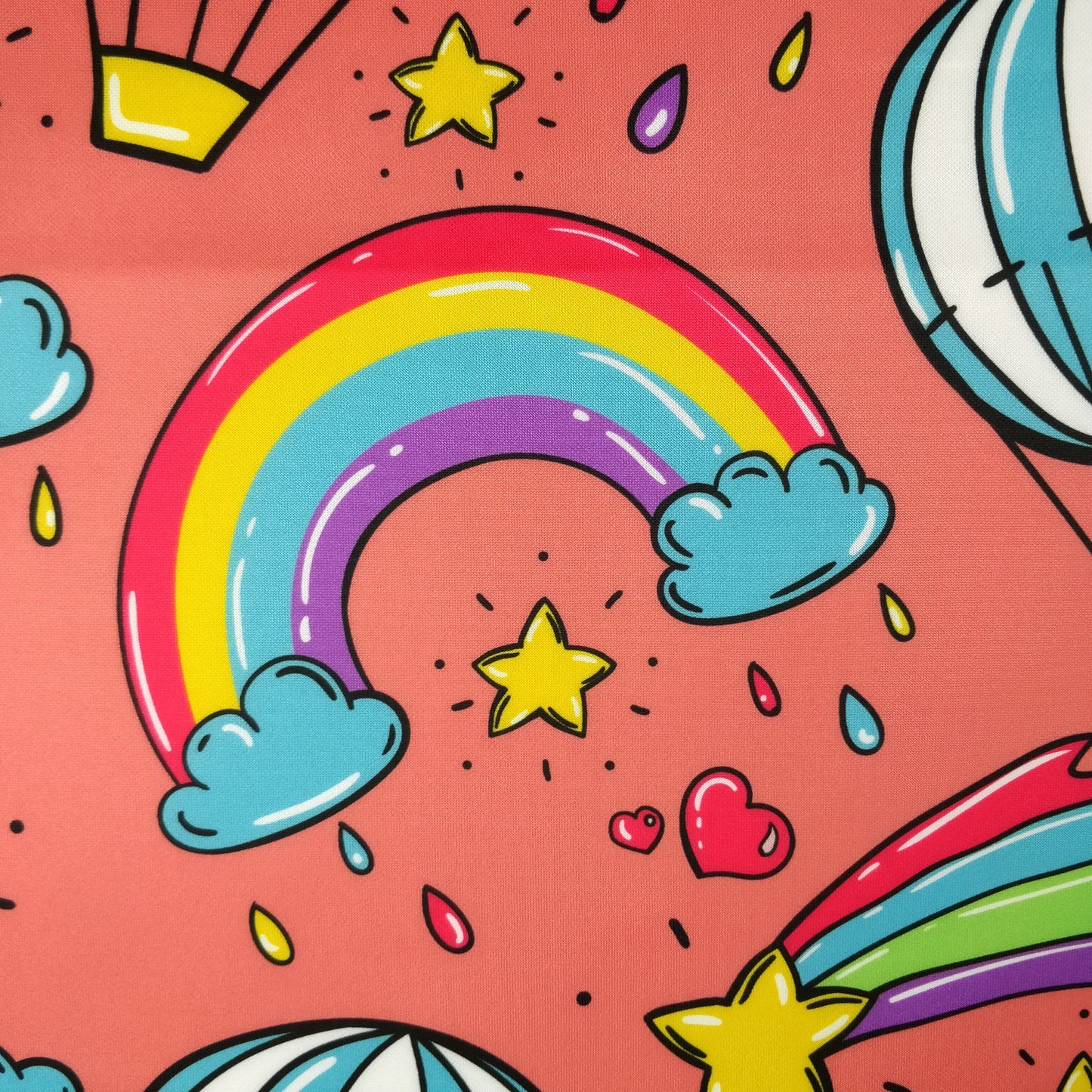 FS255 Funfair Shooting Stars | Fabric | Air Balloon, Cloud, Clouds, Exclusive, Fabric, fashion fabric, High Fashion, Hot Air Balloon, Kid, Kids, Rain, Rainbow, Red, Scuba, Shooting Star, Star, Stars | Fabric Styles