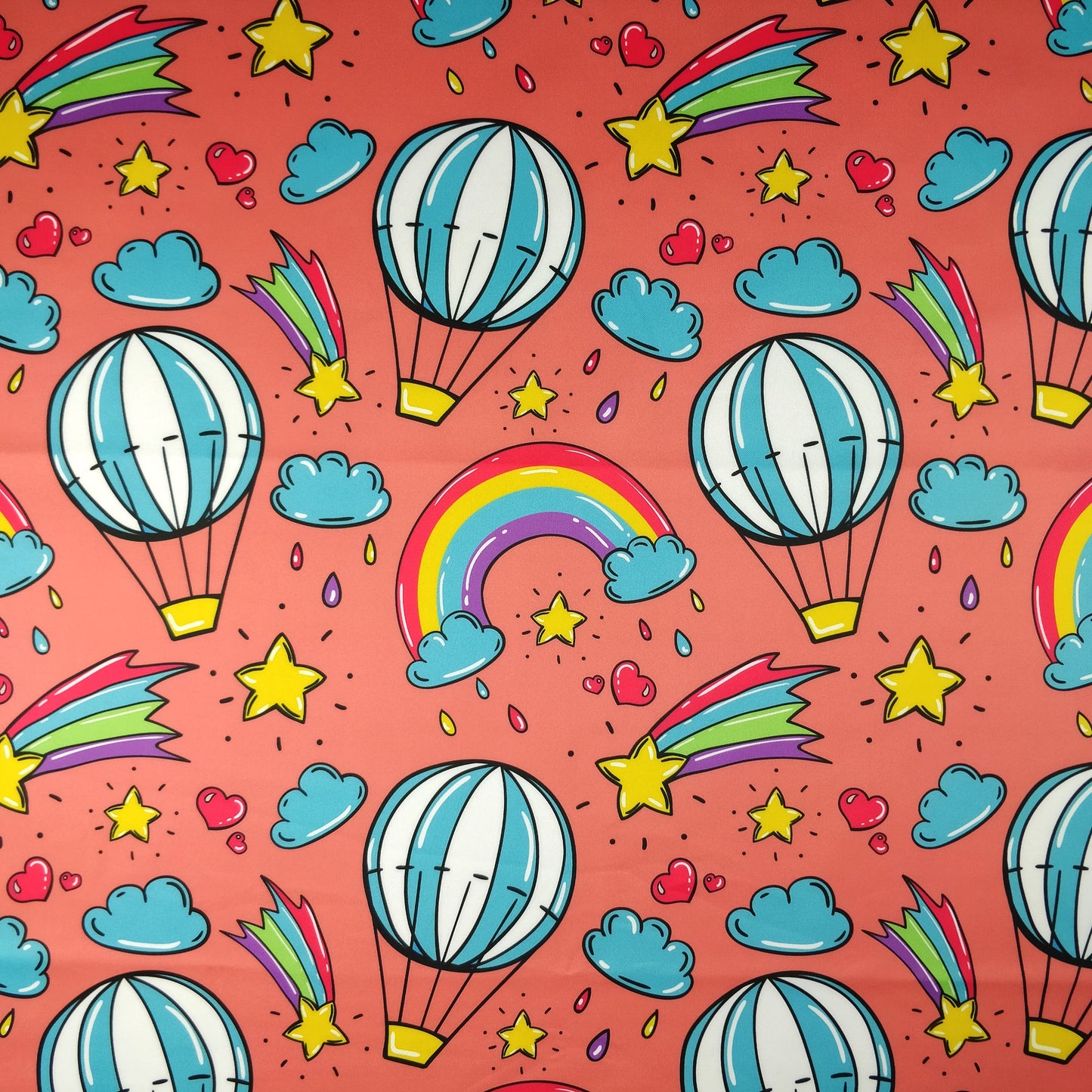 FS255 Funfair Shooting Stars | Fabric | Air Balloon, Cloud, Clouds, Exclusive, Fabric, fashion fabric, High Fashion, Hot Air Balloon, Kid, Kids, Rain, Rainbow, Red, Scuba, Shooting Star, Star, Stars | Fabric Styles
