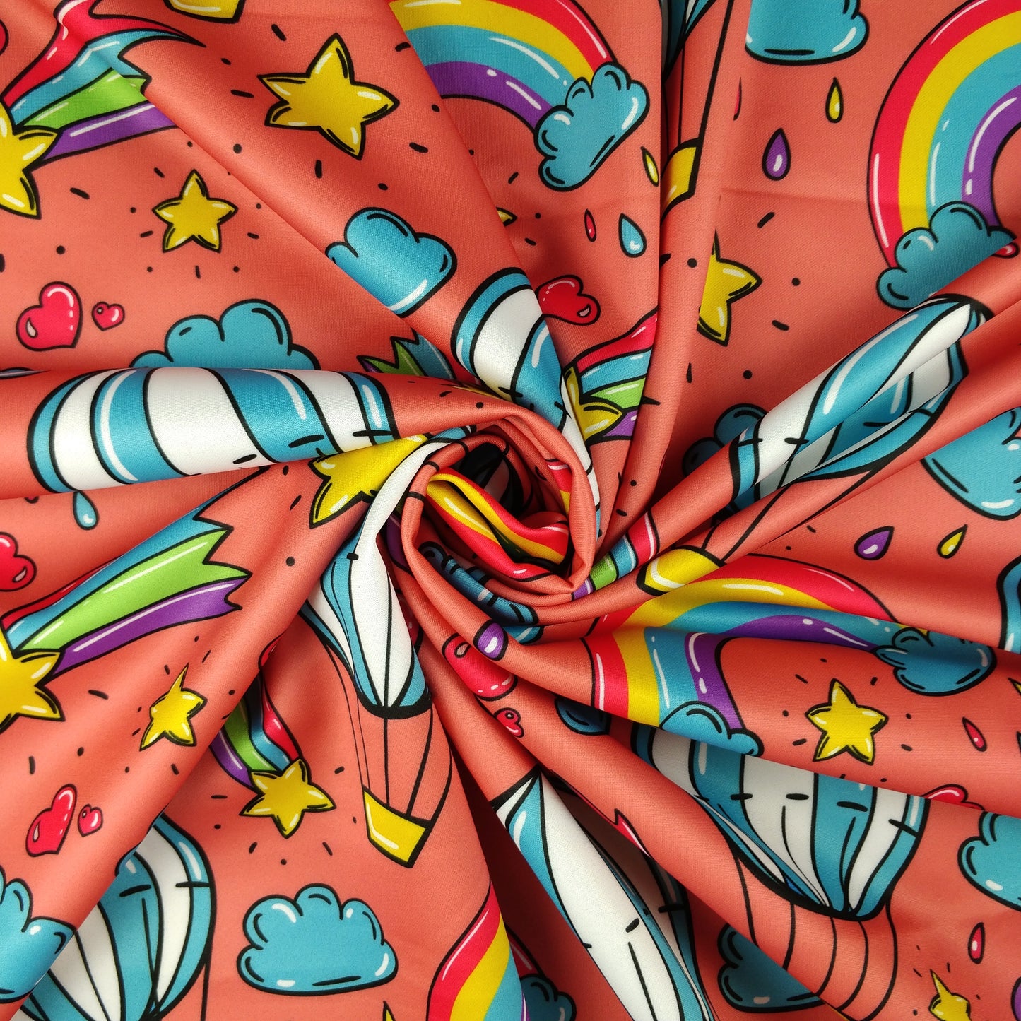FS255 Funfair Shooting Stars | Fabric | Air Balloon, Cloud, Clouds, Exclusive, Fabric, fashion fabric, High Fashion, Hot Air Balloon, Kid, Kids, Rain, Rainbow, Red, Scuba, Shooting Star, Star, Stars | Fabric Styles