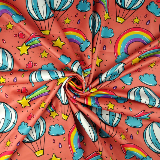 FS255 Funfair Shooting Stars | Fabric | Air Balloon, Cloud, Clouds, Exclusive, Fabric, fashion fabric, High Fashion, Hot Air Balloon, Kid, Kids, Rain, Rainbow, Red, Scuba, Shooting Star, Star, Stars | Fabric Styles