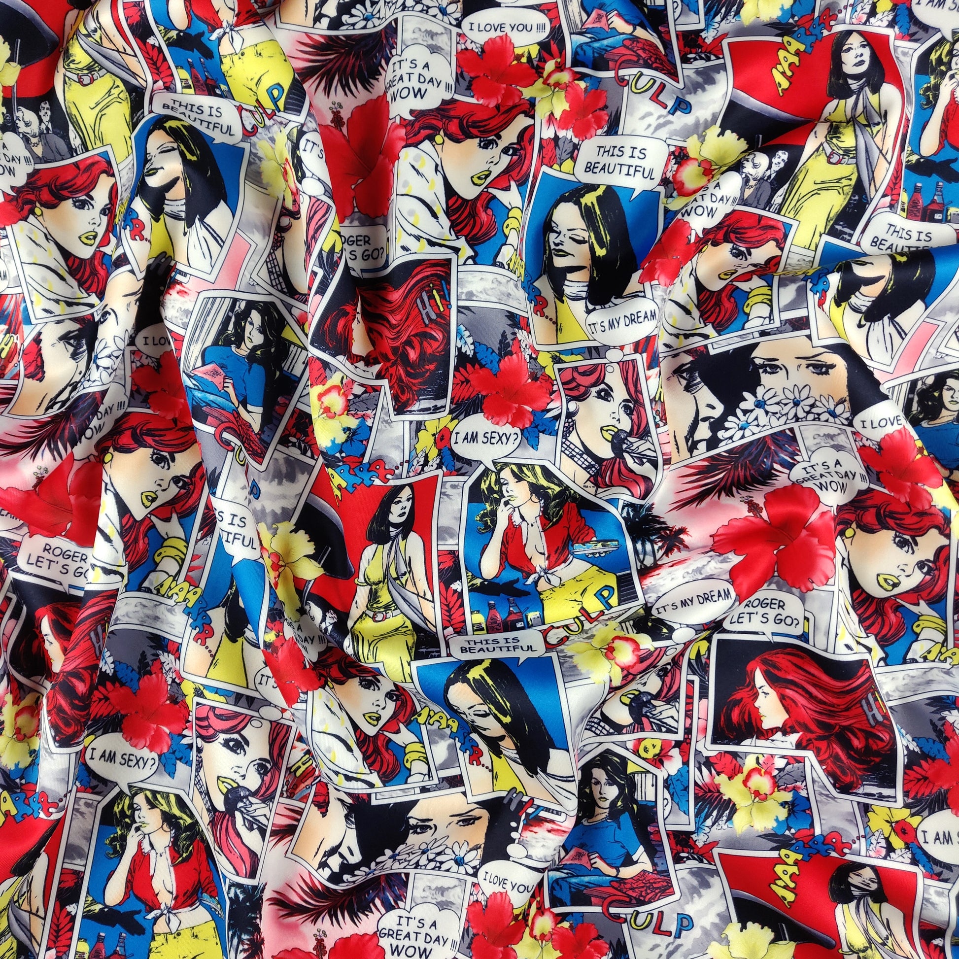 FS376 Comic Strip | Fabric | Andy Warhol, Comic, Comic Book, Comic Strip, Conversational, Fabric, Girl, Girls, I love you, Kid, Love, Scuba | Fabric Styles