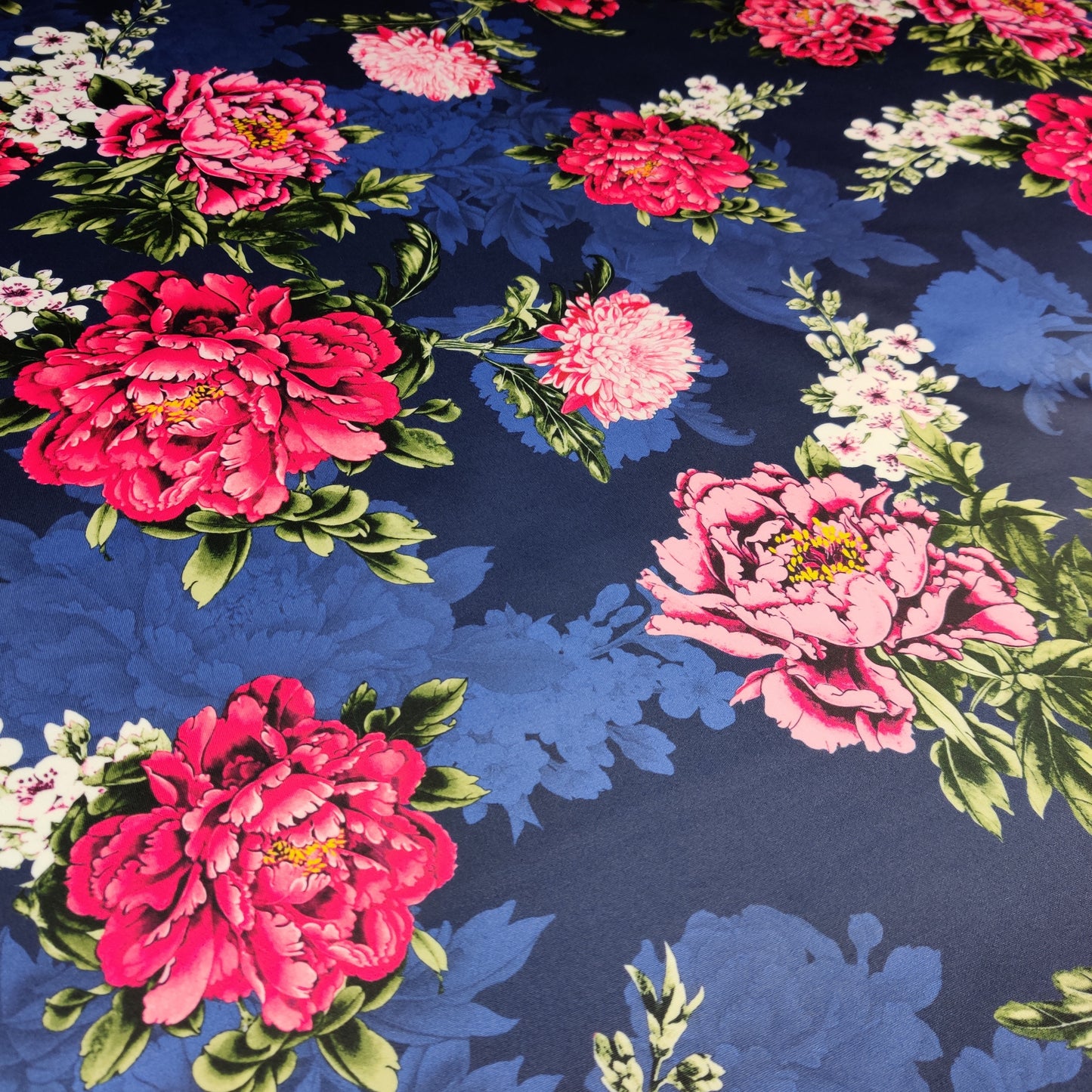 FS363 Zinnia Floral | Fabric | Baby Pink, Big Flowers, dressmaking, elastane, fabric, fabrics, Floral, Flower, Flowers, fs363, leggings, Navy, Peony, pink, poly, polyester, scuba, skirt, stretchy, zinnia | Fabric Styles