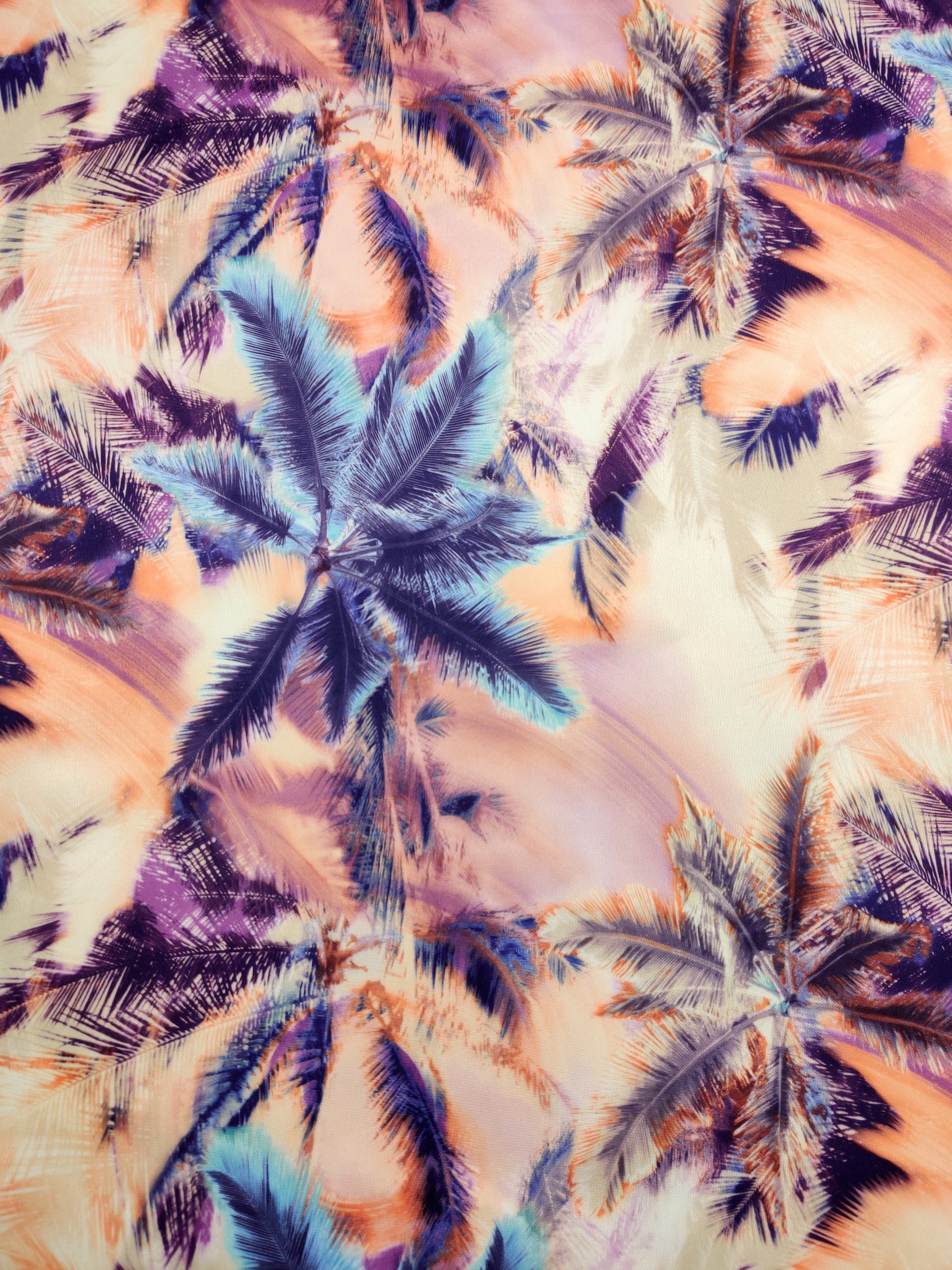 FS277 Tropical Palm Tree | Fabric | Blue Tree, Fabric, fashion fabric, Floral, Flowers, High Fashion, Orange, Palm, Palm Leaves, Palm Tree, Palm Trees, Purple, Sale, Scuba, Tropical | Fabric Styles