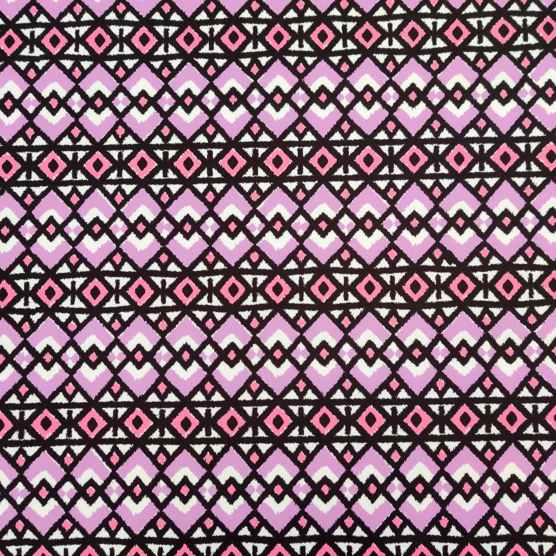 FS568 Lilac Geometric | Fabric | aztec, drape, Fabric, fashion fabric, Geometric, jersey, lilac, making, purple, repeat, sale, Scuba, sewing, Stretchy, tile | Fabric Styles