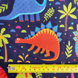 FS625 Dino World Navy Cotton | Fabric | Animal, Black, blue, Children, Cotton, Denim, Dino, Dinosaur, drape, Fabric, fashion fabric, Kids, Light blue, making, sewing, Skirt, Yellow | Fabric Styles