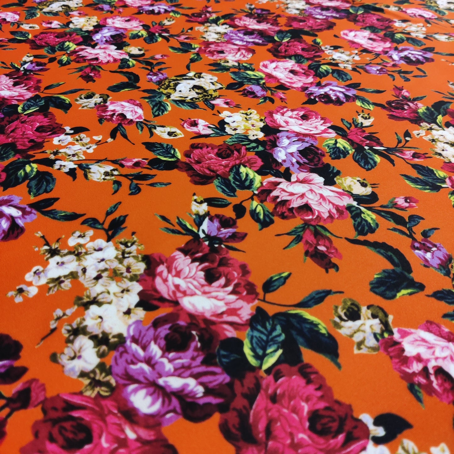 FS821 Floral | Fabric | Black, drape, Fabric, fashion fabric, Floral, jersey, making, Orange, Purple, Scuba, sewing, stretch, Stretchy | Fabric Styles