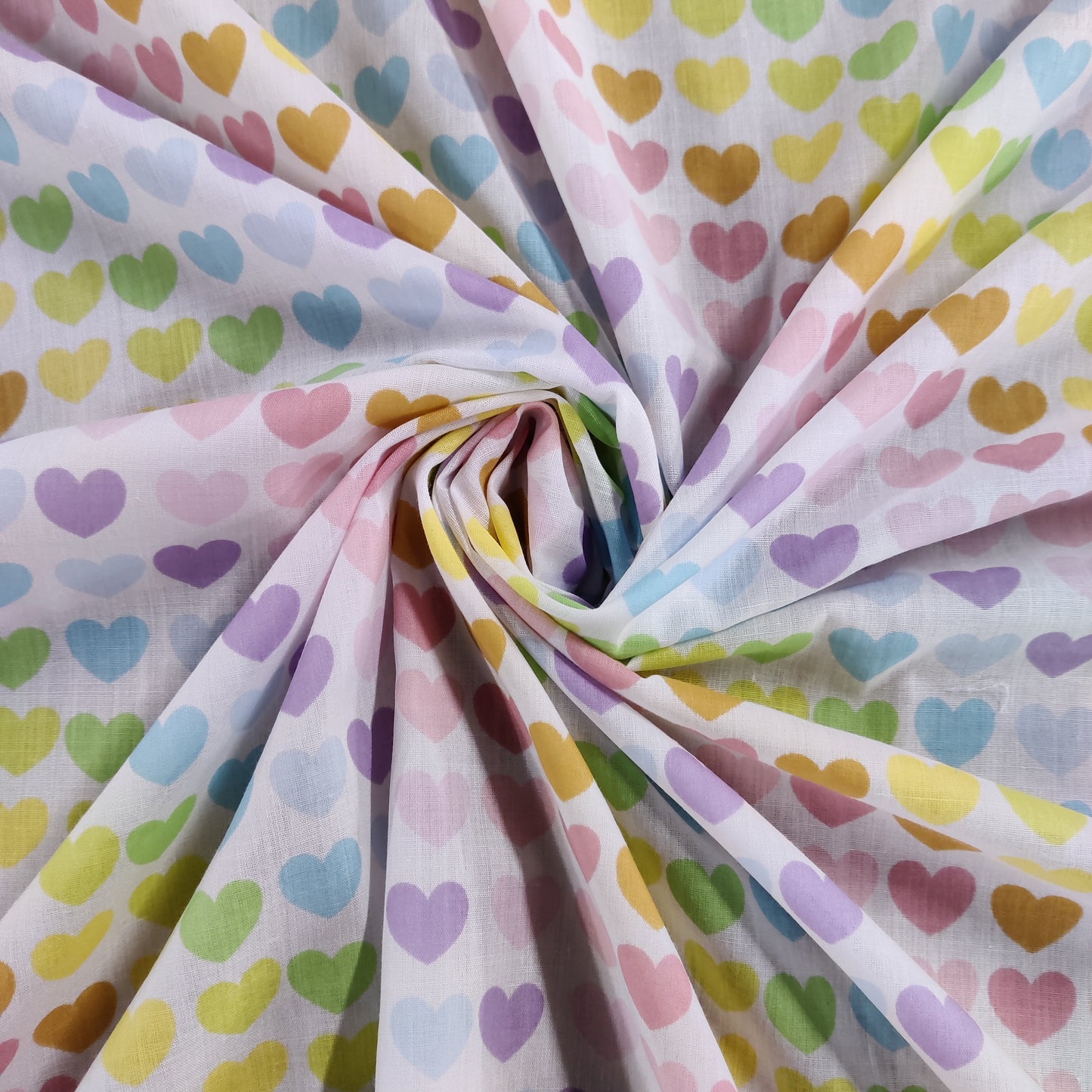 FS886 Pastel Rainbow Hearts Polycotton | Fabric | Children, Fabric, fashion fabric, Kid, Kids, making, Multicolour, Poly, Poly Cotton, Rainbow, Sale, sewing, Skirt, White | Fabric Styles