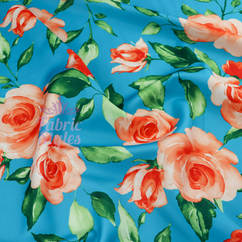 FS1039 Rosemary Floral Stretch Knit Fabric Teal | Fabric | Butterfly, fabric, floral, flowers, peach, pink, Poppies, Poppy, real, rose, roses, scuba, watercolour | Fabric Styles