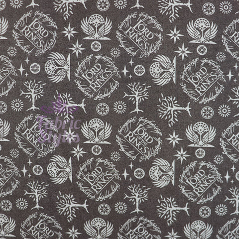 FS982_2 Lord The Of The Rings Logo in Taupe - Cotton | Fabric | Book, Brand, Branded, Characters, Children, comics, Cotton, Fabric, fashion fabric, Logo, Lord, Lord of the Rings, making, Movie, Ring, Rings | Fabric Styles