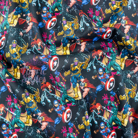 FS895_3 Avengers Heroes Cotton | Fabric | Baby, Batman, Brand, Branded, Children, comic, comics, Cotton, Defenders, Fabric, fashion fabric, Hero, Kids, Light blue, logo, Spiderman, Super Hero, superhero, Superman | Fabric Styles