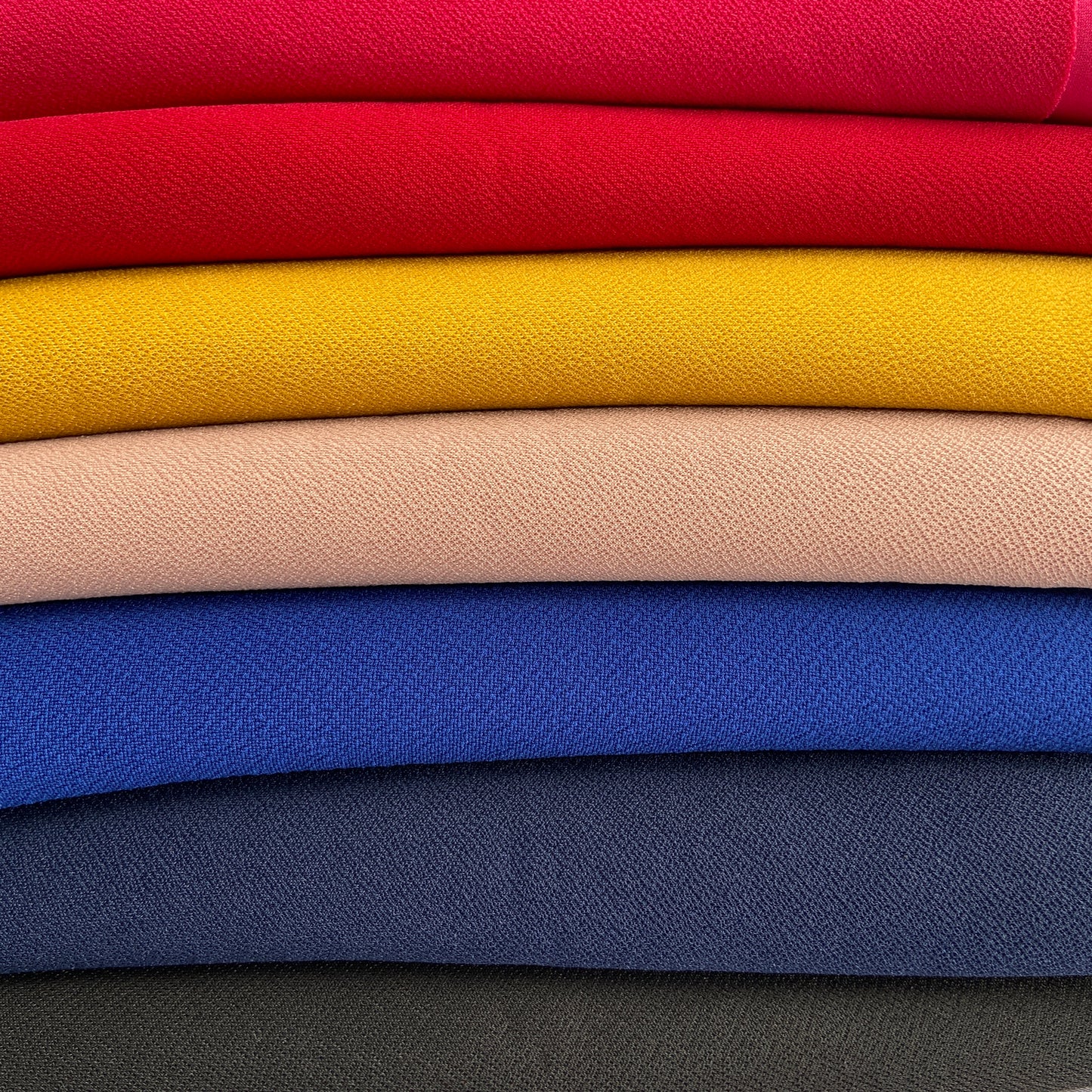 FS553 Valentino Crepe Colours | Fabric | Black, Blouse, Blush, drape, Dress making, Fabric, fashion fabric, Floral Leopard, Fuchsia, Mustard, Navy, New, Plain, Red, sewing, Stretchy, suede, textured, Valentino, Valentino Crepe, Waffle | Fabric Styles
