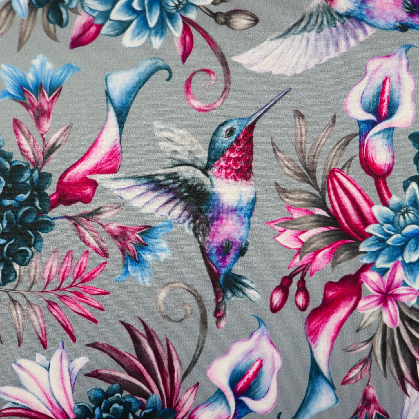 FS1006_2 Humming Bird Floral Scuba Stretch Knit Fabric Grey | Fabric | bird, birds, fabric, floral, grey, material, pink rose, scuba, stretch | Fabric Styles
