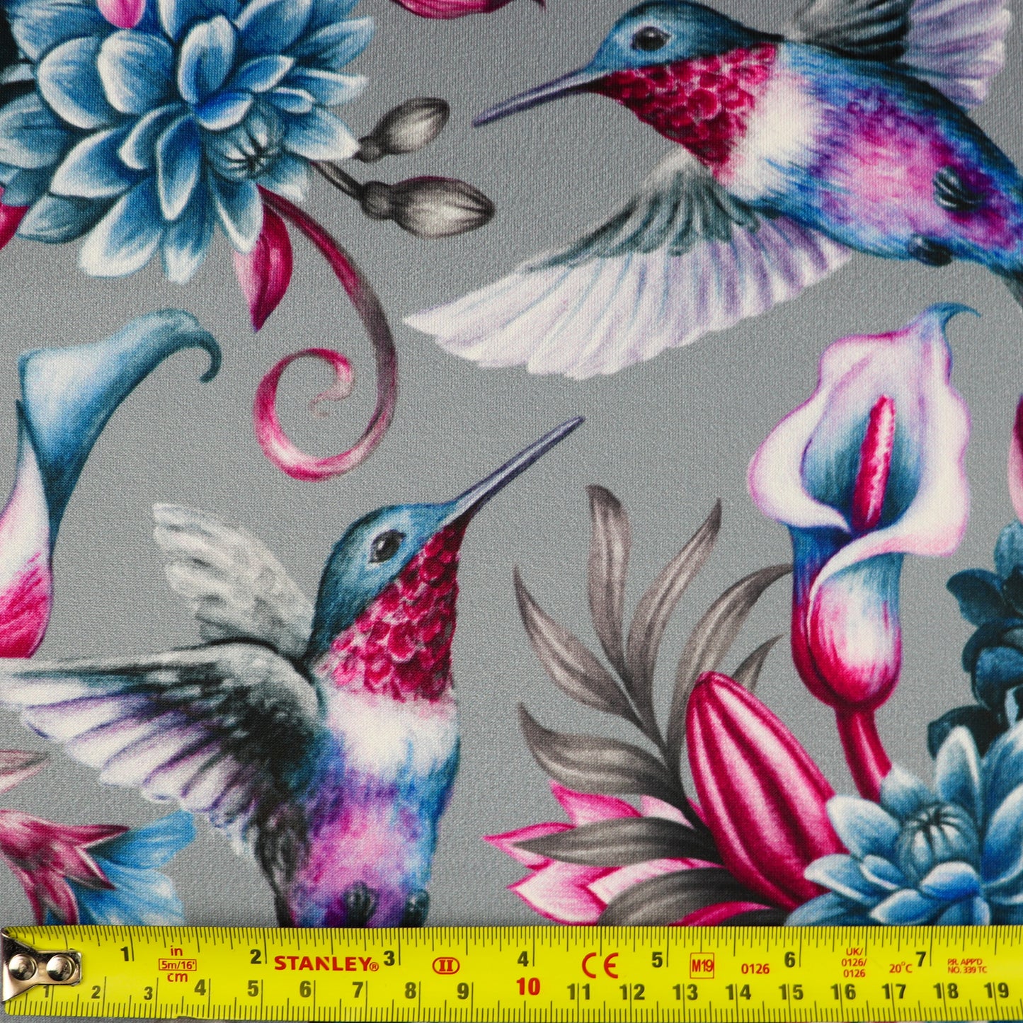FS1006_2 Humming Bird Floral Scuba Stretch Knit Fabric Grey | Fabric | bird, birds, fabric, floral, grey, material, pink rose, scuba, stretch | Fabric Styles