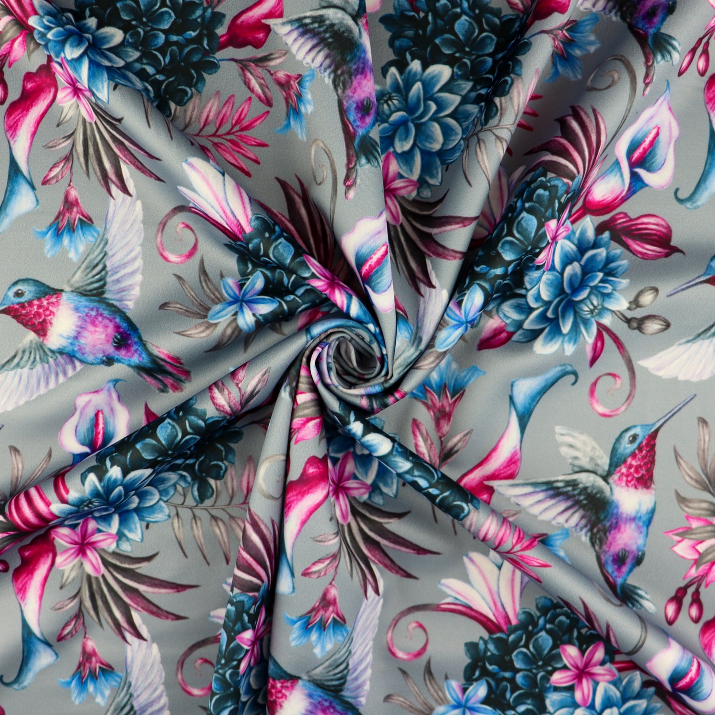 FS1006_2 Humming Bird Floral Scuba Stretch Knit Fabric Grey | Fabric | bird, birds, fabric, floral, grey, material, pink rose, scuba, stretch | Fabric Styles
