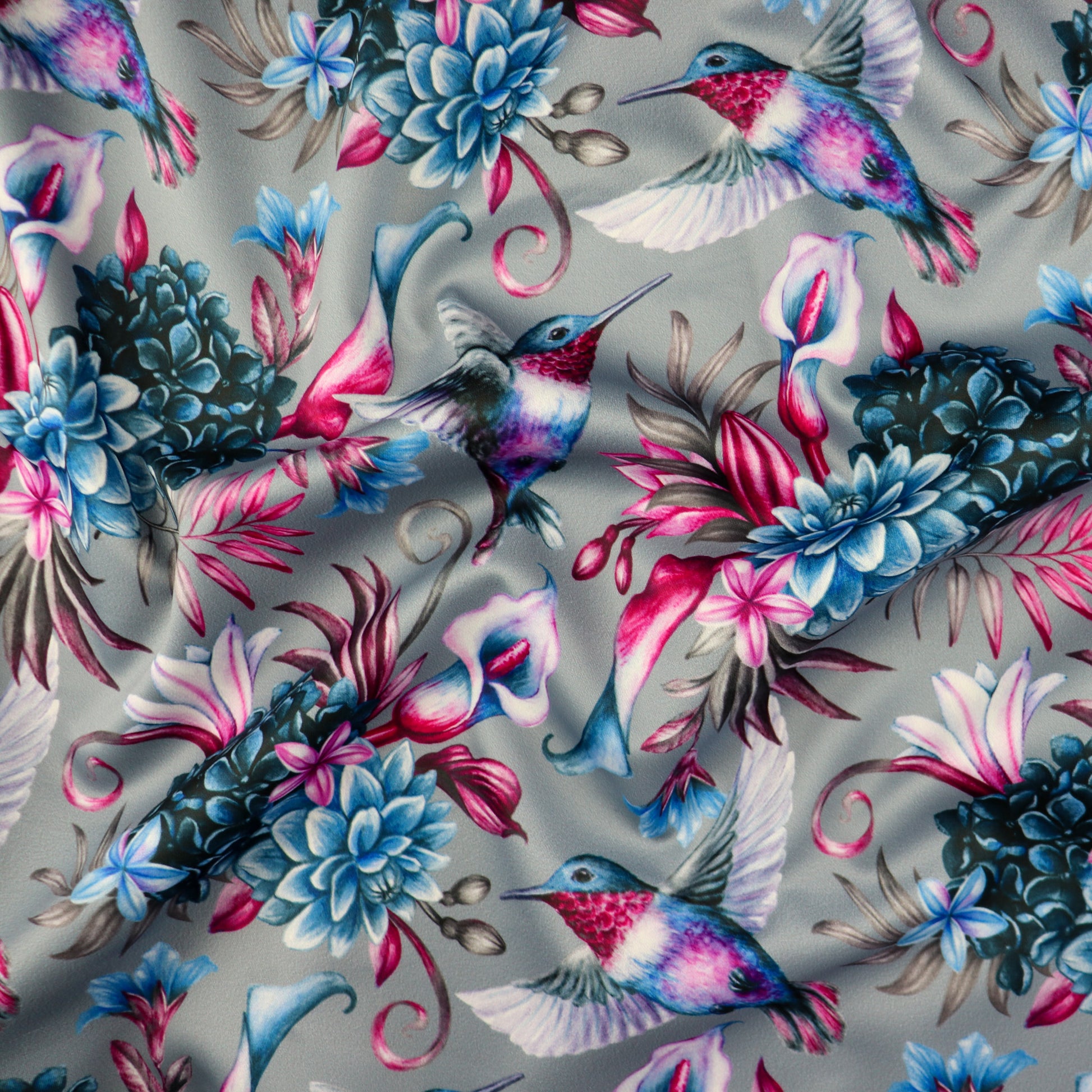 FS1006_2 Humming Bird Floral Scuba Stretch Knit Fabric Grey | Fabric | bird, birds, fabric, floral, grey, material, pink rose, scuba, stretch | Fabric Styles