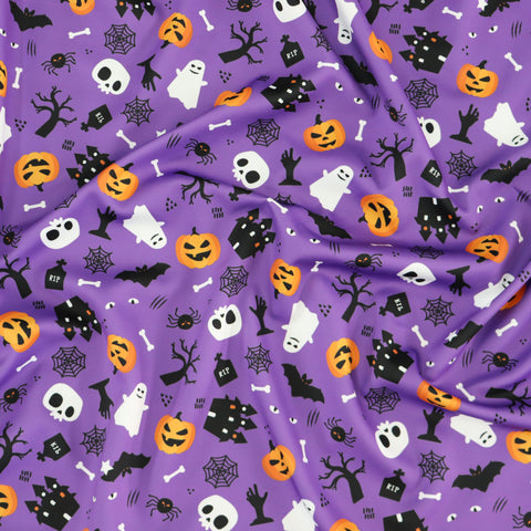 FS1125 Spooky Cemetry Purple Scuba Jersey Stretch | Fabric | Bones, Ghost, halloween, pumpkin, Purple, scuba, spider, Spooky, Webs | Fabric Styles