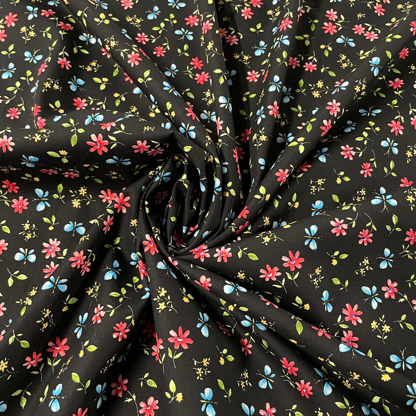 FS854_1 Black Small Floral Cotton Poplin | Fabric | Button, Buttons, Cotton, Cotton Poplin, drape, Fabric, fashion fabric, Floral, Flower, Kids, making, Rose, Roses, Sale, sewing, Skirt, Woven | Fabric Styles