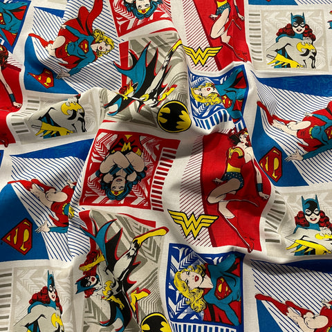 FS783_6 Heroines Stacked Original Heroes | Fabric | Batman, Batwoman, Blue, Brand, Branded, Children, comic, comics, Cotton, Cotton SALE, dc, drape, Fabric, fashion fabric, flash, hero, Kaboom, Kids, Light blue, logo, making, man, Navy, Pow, super, superhero, Superman, superwoman | Fabric Styles