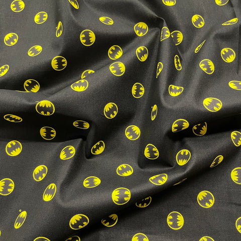 FS636_8 Small Batman Logo Black Cotton | Fabric | Batman, Blue, Brand, Branded, Children, comic, comics, Cotton, Cotton SALE, dc, drape, Fabric, fashion fabric, hero, Kids, Light blue, logo, making, Pencil, superhero | Fabric Styles