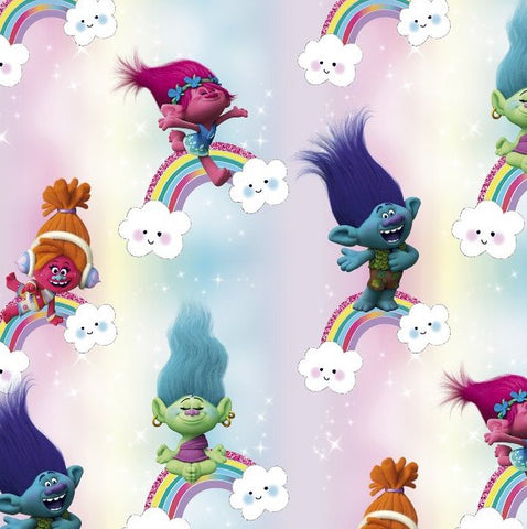 FS888_1 Trolls Pop Rainbow Cotton | Fabric | Brand, Branded, Children, comic, comics, Cotton, Fabric, fashion fabric, hero, Kids, Light blue, logo, making, Pop, Rainbow, Trolls | Fabric Styles