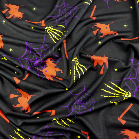 FS327 Halloween Witch Spun Polyester Jersey Knit Stretch Fabric Black | Fabric | Black, Fabric, Halloween, Polyester, Purple, Sale, spun polyester, Spun Polyester Elastane, Square, stretch, Stretchy | Fabric Styles