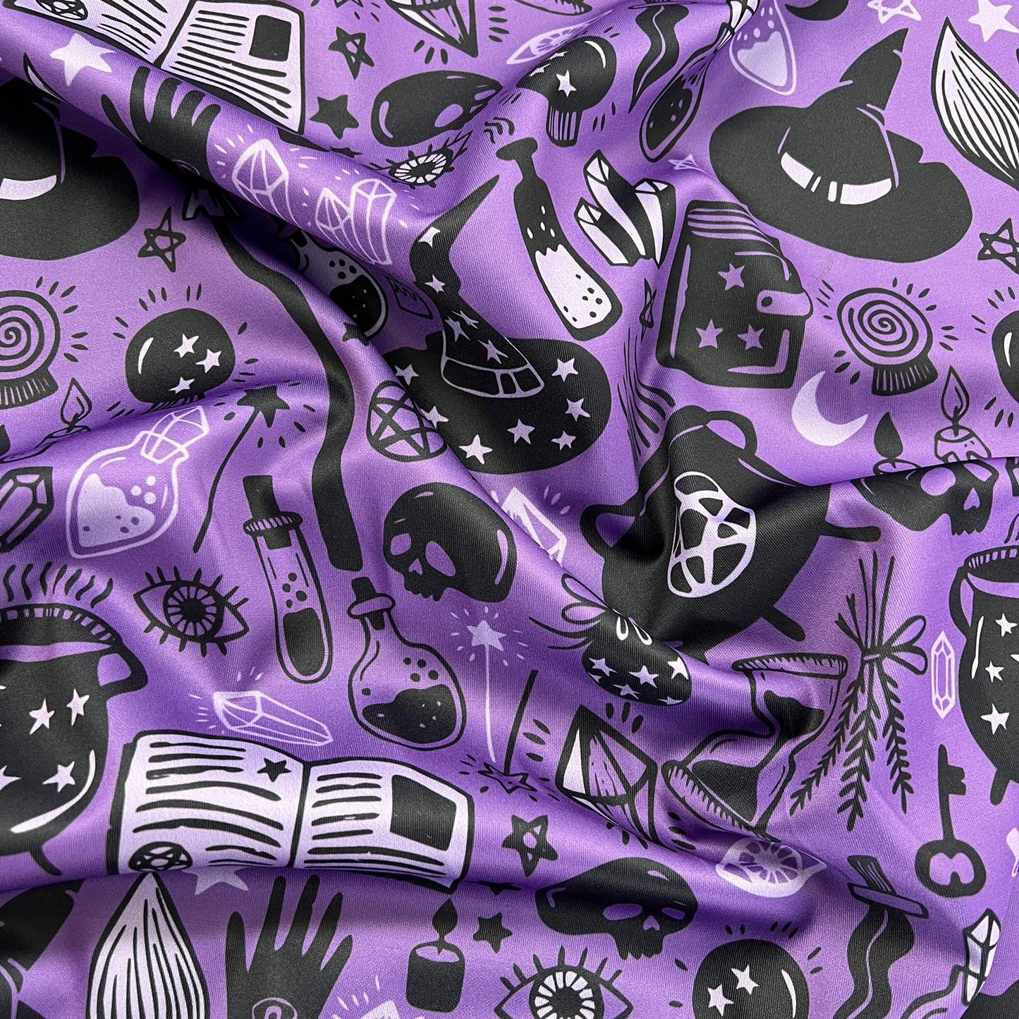 FS1063 Spooky Witchcraft Scuba Stretch Knit Fabric Purple | Fabric | Digitall, fabric, Halloween, Material, Potion, potions, Printed, purple, scuba, witch, Witch Hat | Fabric Styles
