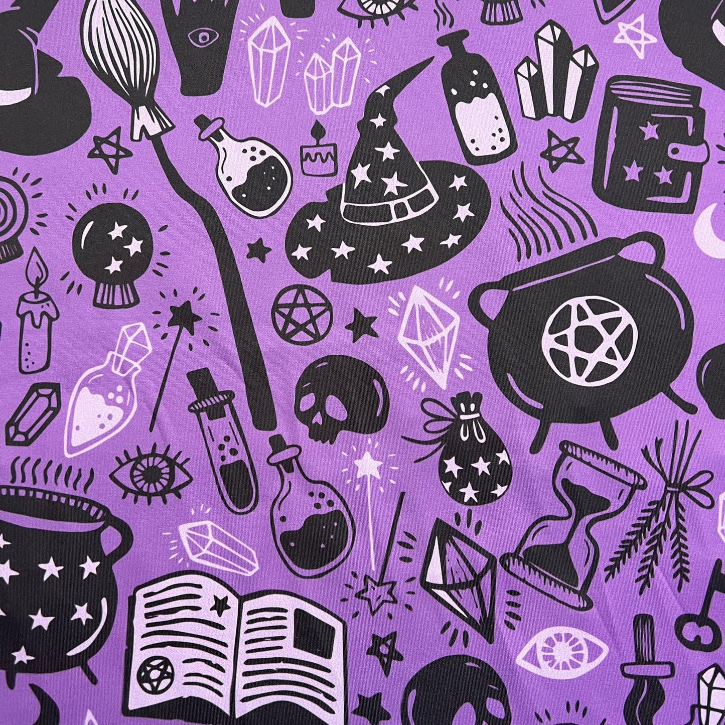 FS1063 Spooky Witchcraft Scuba Stretch Knit Fabric Purple | Fabric | Digitall, fabric, Halloween, Material, Potion, potions, Printed, purple, scuba, witch, Witch Hat | Fabric Styles