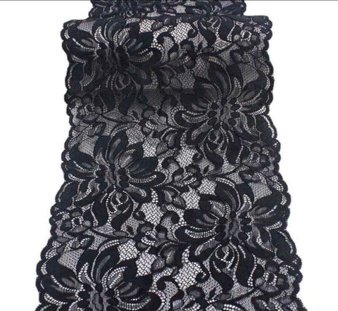 FS1143 Black Floral Stretch Lace Trim | drape, Elastic, haberdashery, Lace, making, Purple, rose, Scallop, Scallop Edge, sewing, trimming, trimmings | Fabric Styles