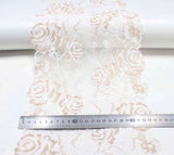 FS1144 White & Gold Floral Stretch Lace Mesh Trim | drape, Elastic, fashion fabric, glitter, gold, haberdashery, Lace, making, Purple, rose, sewing, trimming, trimmings, white | Fabric Styles