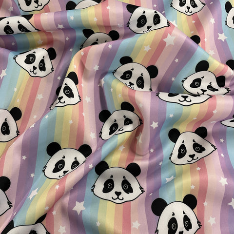 FS906 Panda Rainbow | Fabric | Animal, Animals, drape, Dress making, Fabric, fashion fabric, Galaxy, jersey, Kids, Neon, panda, pandas, Pastel, Pink, Polyester, Rainbow, Scuba, sewing, stars, Stripe, stripes, Tie Die | Fabric Styles