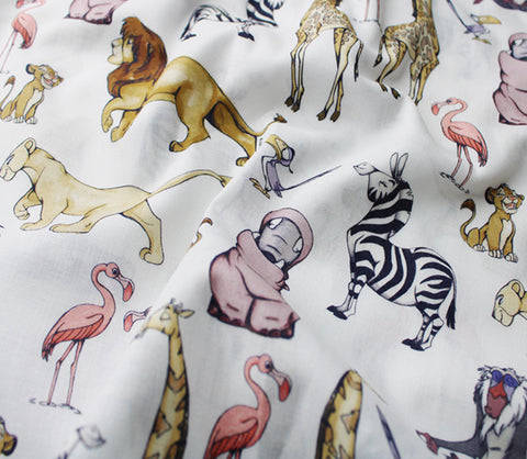 FS1084_1 Disney Lion King Animals Cotton Fabric White | Fabric | Animals, blue, Brand, Branded, Children, Cotton, Denim, Disney, drape, Fabric, fashion fabric, flamingo, hippo, Kids, King, Light blue, Lion, Lion king, making, movie, Pink, sewing, Skirt, zebra | Fabric Styles