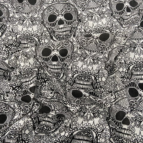 FS715_1 Skulls Knit Jersey Stretch Fabric White | Fabric | drape, elastane, Fabric, fashion fabric, Halloween, jersey, Knit, Knitwear, Loungewear, making, Polyester, Sale, sewing, Skirt, Skull, Stretchy, White | Fabric Styles