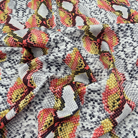 FS062_8 Snake Skin Scuba Stretch Knit Fabric Red Yellow White | Fabric | Animal, Brown, Dress making, Fabric, fashion fabric, High Fashion, jersey, making, Neoprene, Polyester, Scuba, sewing, Snake, stretch, Stretchy | Fabric Styles