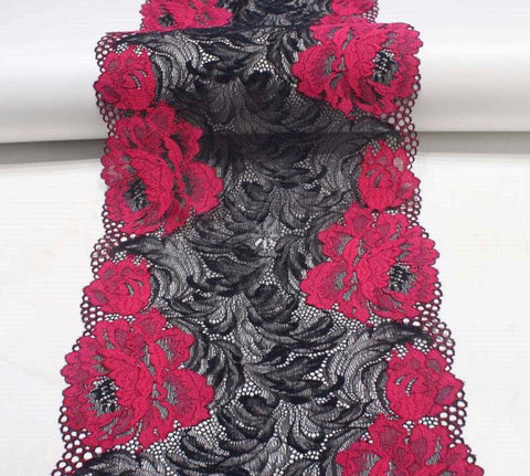 FS1145 Black & Red Floral Stretch Lace Trim | drape, Elastic, fashion fabric, haberdashery, Lace, making, Purple, rose, sewing, trimming, trimmings | Fabric Styles