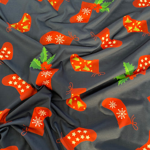 FS779 Christmas Stockings Spun Polyester Jersey Knit Stretch Fabric Navy | Fabric | bauble, Baubles, Black, Candy Cane, Candy Stick, Christmas, christmas tree, Fabric, Gingerbread, Gold, Navy, Sale, Santa, Spun Polyester, Spun Polyester Elastane, Star, xmas | Fabric Styles