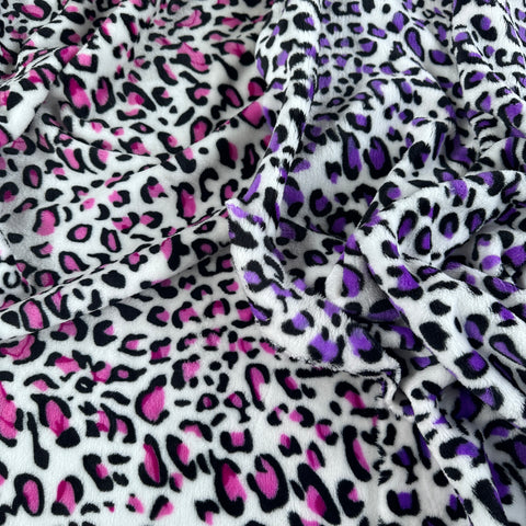 FS1191 Leopard Cuddle Fleece Fabric Pink Purple | Fabric | Bright, Children, Comfort, Cuddle, Cuddly, drape, Fabric, fashion fabric, Faux, Faux Fur, Fleece, Fur, Kids, making, Neon, New, Pets, Pink, Polyester, sewing, Skirt, Sky, Sky blue, White | Fabric Styles